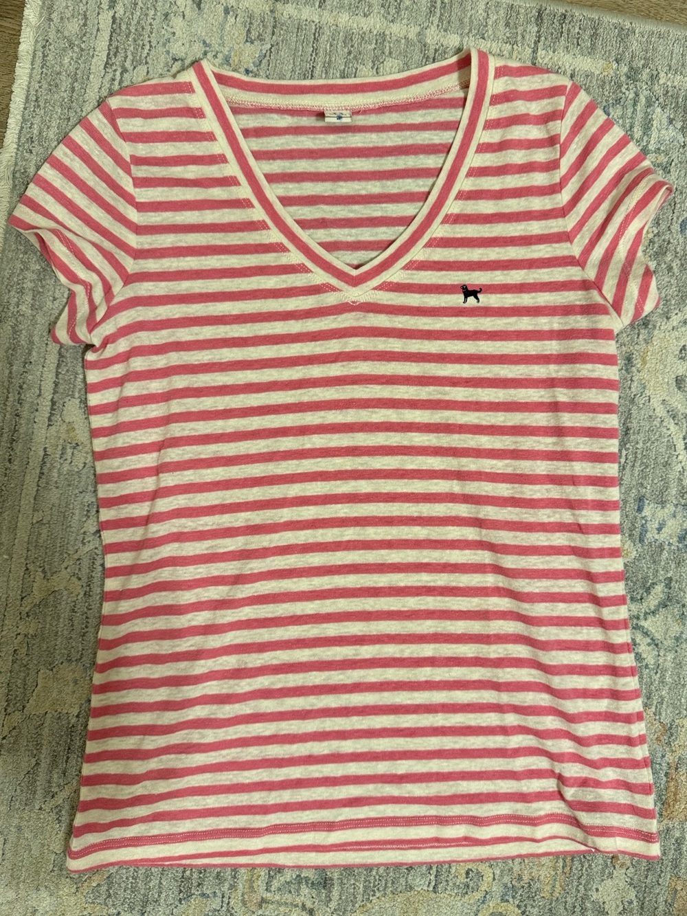 The Black Dog Women’s XS Pink White Striped V-Neck Tee Embroidered Logo